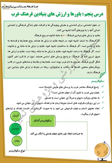 تصویر محصول خلاصه نکات جامعه شناسی یازدهم درس 5 (باورها و ارزشهای بنیادین فرهنگ غرب) / رشته انسانی 1404