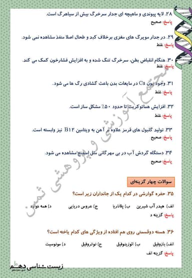 تصویر محصول نمونه سوال حل شده زیست شناسی دهم فصل 4 (گردش مواد در بدن) / تجربی 1404