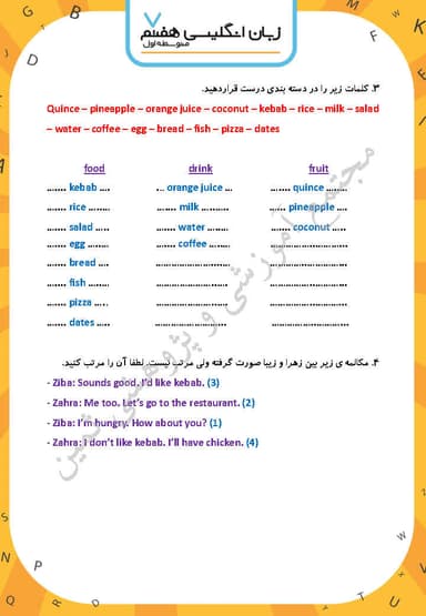 تصویر محصول نمونه سوال حل شده زبان انگلیسی هفتم درس 8 (My Favorite Food) / متوسطه اول 1404