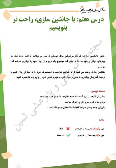 تصویر محصول خلاصه نکات نگارش درس هفتم: با جانشین‌سازی، راحت‌تر بنویسیم هشتم متوسطه اول