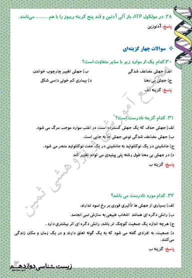 تصویر محصول نمونه سوال حل شده زیست شناسی دوازدهم فصل 4 (تغییر در اطلاعات وراثتی) / رشته تجربی 1404