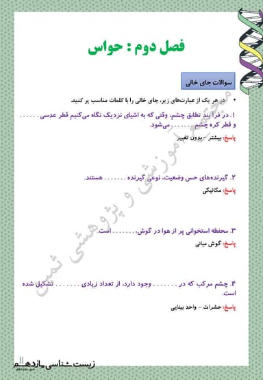 تصویر محصول نمونه سوال حل شده زیست شناسی یازدهم فصل 2 (حواس) / رشته تجربی 1404