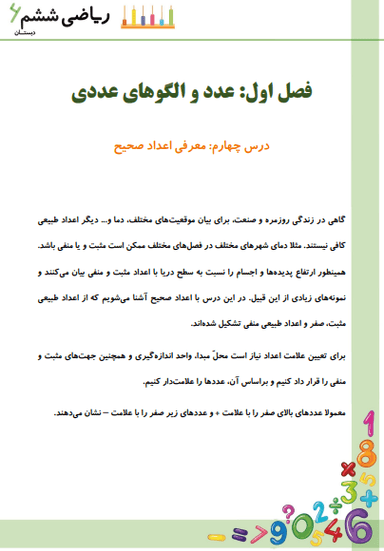 تصویر محصول خلاصه نکات ریاضی ششم فصل 1 درس چهارم (معرفی اعداد صحیح) / ابتدایی 1404