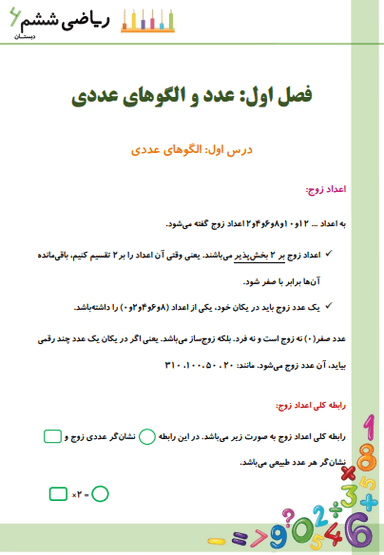 تصویر محصول خلاصه نکات ریاضی ششم فصل 1 درس اول (الگو های عددی) / ابتدایی 1404
