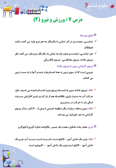 تصویر محصول خلاصه نکات علوم ششم درس 7 (ورزش و نیرو 2) / ابتدایی 1404