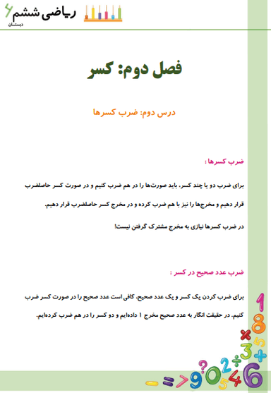 تصویر محصول خلاصه نکات ریاضی ششم فصل 2 درس دوم (ضرب کسرها) / ابتدایی 1404