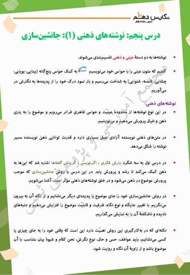 مشاهده جزئیات محصول خلاصه نکات نگارش درس پنجم: نوشتۀ ذهنی (1) جانشین سازی دهم رشته ریاضی و تجربی و انسانی تصویر محصول خلاصه نکات نگارش درس پنجم: نوشتۀ ذهنی (1) جانشین سازی دهم رشته ریاضی و تجربی و انسانی